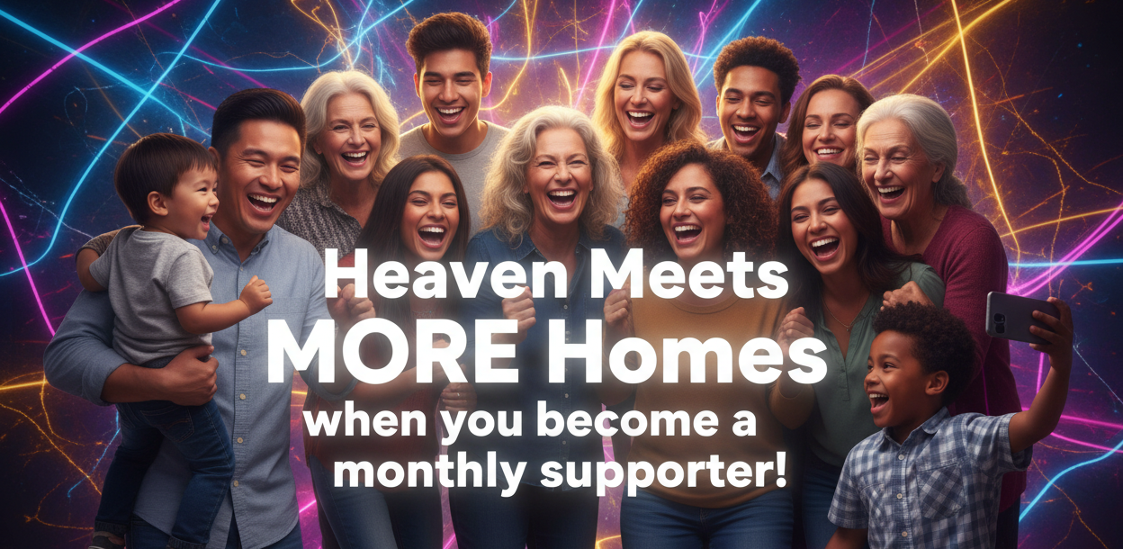 Creae an neon family photo that spans generations and races that are smiling and candid with each other. Make the background neon vibes with a bit of a elecric excitment for what God is doing. Make the words on the image say "Heaven Meets MORE Homes when you become a monthly supporter!"