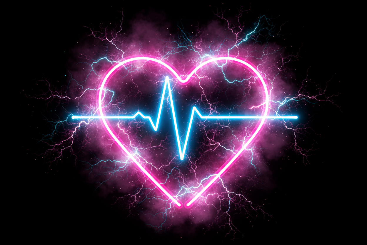 heart with pulse line through it in neon and electric power feel