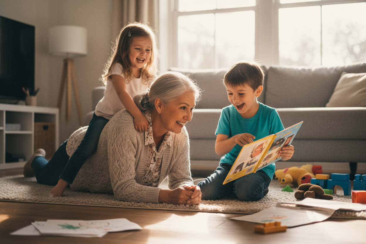 lively grandparent interacting with kids and showing connection