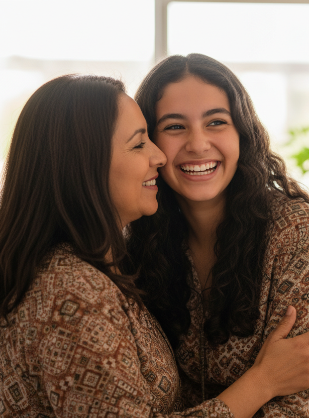 Mom and teen daughter-daughter leaning into mom. Mom is latino and daughter is laughing in conneciton